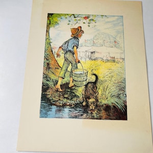 1940 boy carrying water bucket with dog in pond Vintage drawing art illustration antique home office cabin cottage decor unsigned, undated