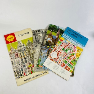 Vintage Europa Reisebroschüren Lot von 4 1960er & 1970er Jahre globale Pamphlete/Karten. Belgien Luxemburg Den Haag Niederlande Shell