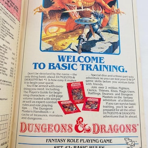 May include: A vintage Dungeons & Dragons Set #1 Basic Rules advertisement featuring a large orange dragon illustration, the text Welcome to Basic Training, and images of three red rulebooks. The page includes game descriptions and the D&D logo.