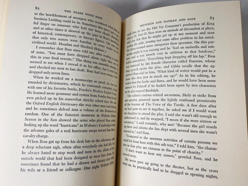 May include: Open book with text on aged paper. The left page features the title "THE YEARS WITH BOSS" and text. The right page has the title "MENCKEN AND NATHAN AND ROSS" and text. The pages are slightly yellowed.