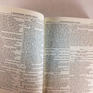May include: Open book with pages displaying text from Shakespeare's "A Midsummer Night's Dream." The text is in a classic serif font. The book is open to Act V, with the title visible. The pages are aged, with a warm, yellowed tone.