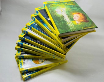 Nancy Drew Mystery Stories vintage books by Carolyn Keene with glossy yellow spine hardcovers circa 1994 Christmas stocking stuffer Decor