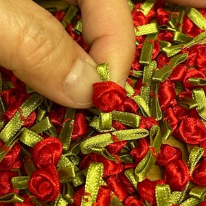 20 Vintage Mini Satin Rosebuds Ruby Red Ribbonwork Rosettes - Hand Sewn appliques for Crafts, DIY, Sewing, Scrapbooking, Dolls, Millinery