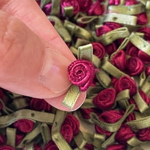 20 Vintage Mini Satin Rosebuds Merlot Red Ribbonwork Rosettes - Hand Sewn appliques for Crafts, DIY, Sewing, Scrapbooking, Dolls, Millinery