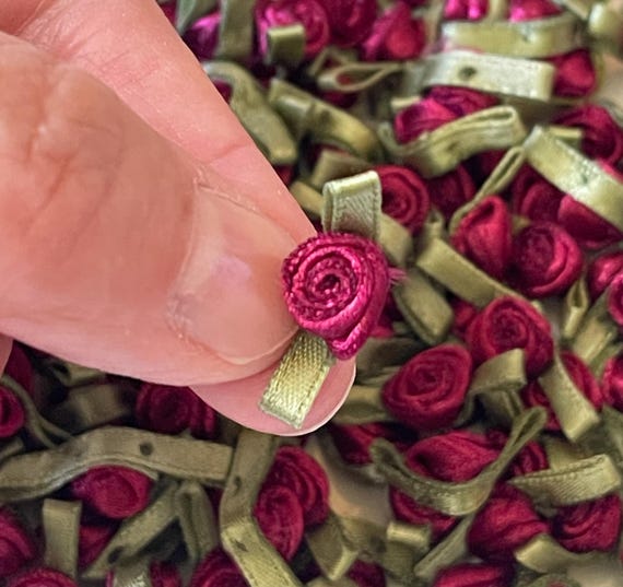 20 Vintage Mini Satin Rosebuds Merlot Red Ribbonwork Rosettes - Hand Sewn appliques for Crafts, DIY, Sewing, Scrapbooking, Dolls, Millinery