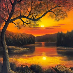 Sunset on the lake. 16x20, framed. Original oil painting, gift, decoration.