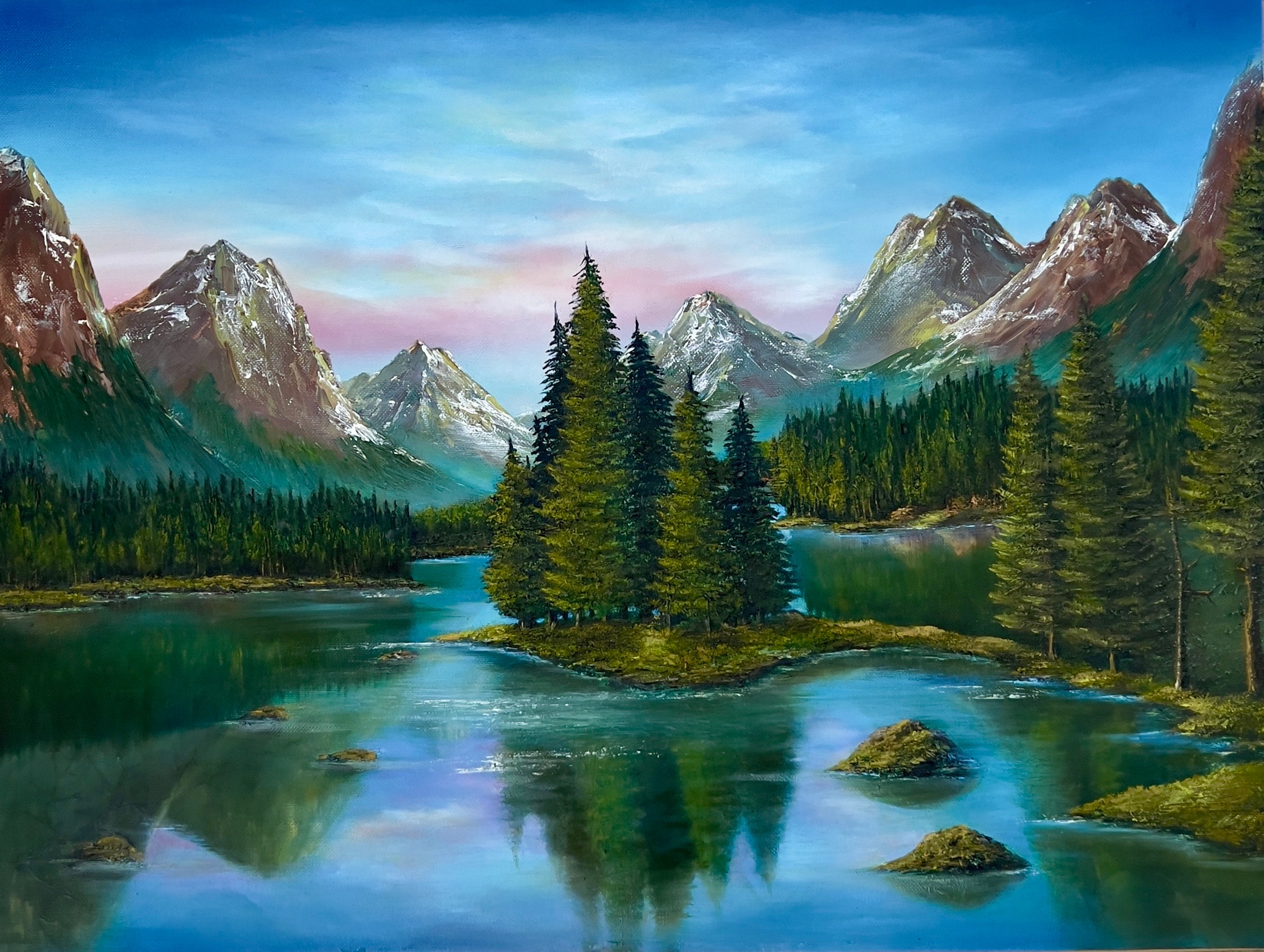 油絵絵画　art design artist m.t Original Oil Painting, 20x26, Framed. Mountain Lake, Wall