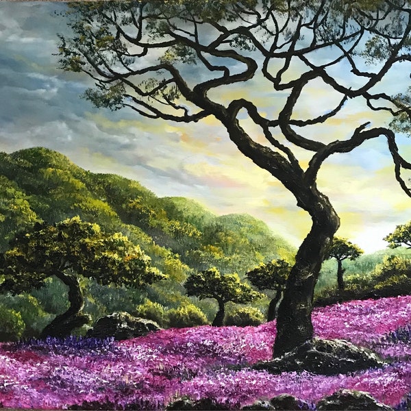 Tree on the Lavender field. 18x24 framed. Original oil painting, gift, decoration.