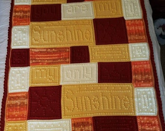 You Are My Sunshine Hand Crocheted Wordghan Popcorn Afghan Throw Blanket with Wave Border 53" x 60"