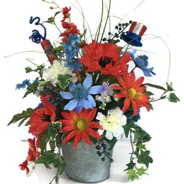 Patriotic Arrangement, 4th of July Arrangement, Red, White, and Blue Centerpiece, Poppy Arrangement, Poppy Centerpiece, MeriMesh Designs