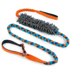 Braided agility leash with mop and bungee orange,gray,blue