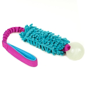 May include: A dog toy with a teal, textured center and a white ball at one end. The toy has a pink handle and a pink, stretchy cord. The handle is lined with blue fabric. The ball has a textured surface.