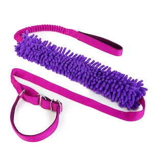 Può includere: Un set guinzaglio e collare per cani viola e fucsia. Il guinzaglio presenta una sezione cilindrica viola strutturata e un'impugnatura fucsia. Il collare è fucsia con hardware in metallo color argento. Il set è progettato per i proprietari di animali domestici.