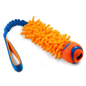 May include: A dog toy with a bright orange, textured center and an orange and blue ball at one end. The toy has a blue handle and a blue, stretchy cord. The toy is designed for dogs to chew and play with.