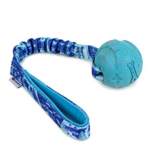 Op de afbeelding: Een blauw hondenspeeltje met een bal en een handvat. De bal is lichtblauw met oranje spikkels en het woord "KONG" erop gedrukt. Het handvat en het verbindingssnoer zijn blauw met een patroon.