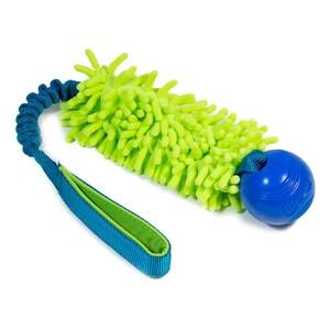 May include: A dog toy featuring a bright green, textured, rectangular section attached to a blue bungee cord and handle. A blue ball is attached to the other end of the green section. The handle is blue with a green interior.