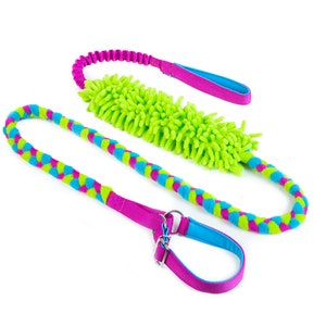Braided agility leash with mop and bungee fuchsia,lime,blue