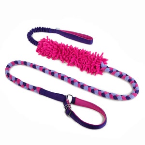 Braided agility leash with mop and bungee purple,heather,pink