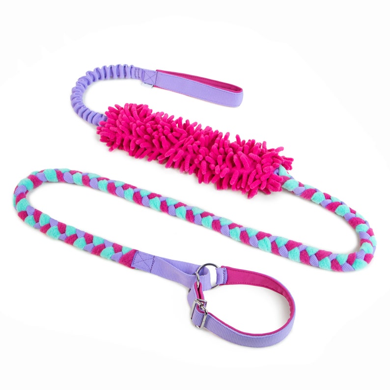 Braided agility leash with mop and bungee heather,fuchsia,mint