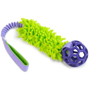 May include: A green and purple dog toy with a long, fuzzy, green rope attached to a purple, hollow ball with a hexagonal pattern.