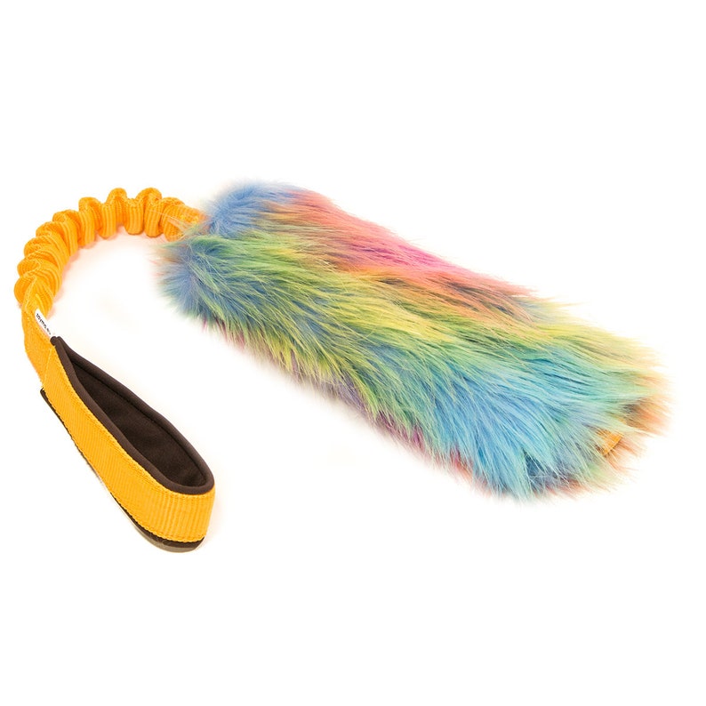 SMALL Rainbow fur tug dog toy with bungee Etsy