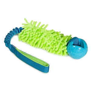 May include: A pet toy featuring a bright lime green microfiber duster-style attachment connected to a blue rubber ball with a geometric surface pattern. A blue elastic bungee handle with a fabric loop is attached to the other end of the toy.