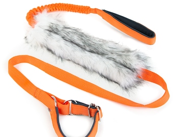 Puede incluir: Correa de perro naranja con un mango negro y un juguete de piel blanca y gris.