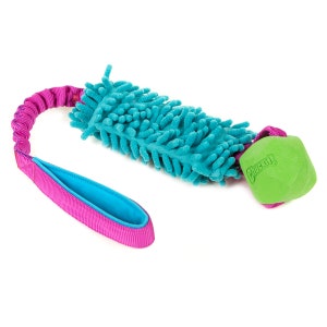 Puede incluir: Un juguete para perros con un centro texturizado de color turquesa, un asa rosa y turquesa, y una pieza final verde en forma de cuadrado. El juguete tiene una sección tipo cuerda elástica que conecta el asa con el centro. La palabra "Chuckit!" está impresa en la pieza verde.