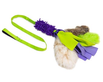 May include: A dog toy with a lime green handle and leash, connected to a purple, fuzzy center. The toy has several colorful fabric and faux fur pieces in shades of green, purple, and brown.
