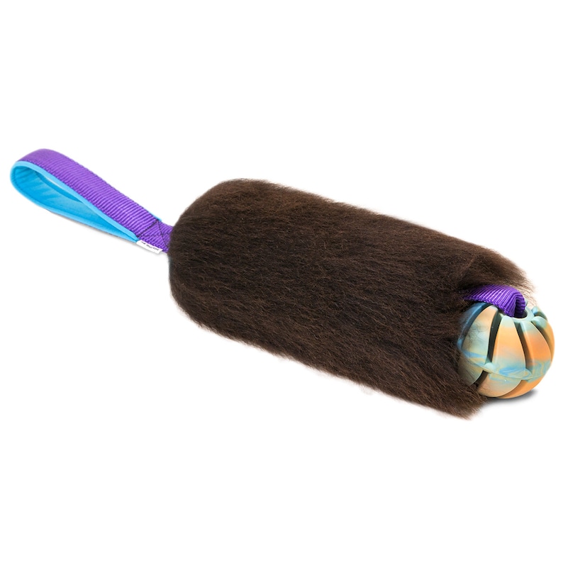 SMALL Fur Tug Dog Toy Sheepskin with spiral ball Brown fur Durable dog toy Sheepskin dog toy