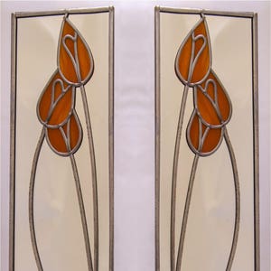 Opposite pair Tulips Rennie Mackintosh style stained glass effect mirror handmade gift  Catfish Glass Art Deco 10x40cm