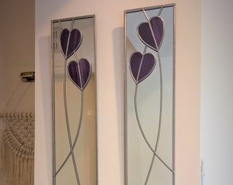 Opposite pair Hearts Rennie Mackintosh style stained glass effect mirror handmade gift  40x10cm