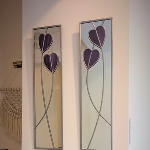 Opposite pair Hearts Rennie Mackintosh style stained glass effect mirror handmade gift  40x10cm