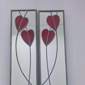 Opposite pair Hearts Rennie Mackintosh style stained glass effect Art Nouveau mirror handmade gift 10x40 image 3