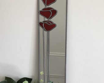Poppies Mackintosh style stained glass effect mirror handmade gift Catfish Glass Art Nouveau 10x40cm
