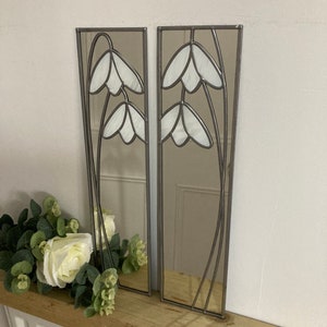 Opposite pair Snowdrop Rennie Mackintosh style stained glass effect mirror handmade gift  Catfish Glass Art Deco 10x40cm (3.94x15.75 inches)