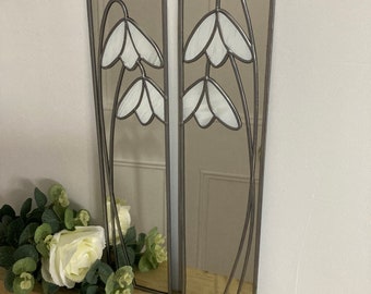 Opposite pair Snowdrop Rennie Mackintosh style stained glass effect mirror handmade gift  Catfish Glass Art Deco 10x40cm (3.94x15.75 inches)