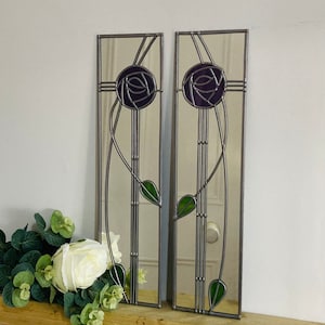 Opposite pair Rose 8 in purple Rennie Mackintosh style stained glass effect mirror handmade gift  Catfish Glass Art Nouveau 10x40cm