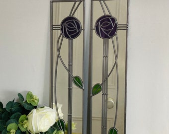Espejo de cristal con efecto vidriera estilo Rennie Mackintosh, par opuesto, color púrpura, regalo hecho a mano, Catfish Glass Art Nouveau, 10 x 40 cm