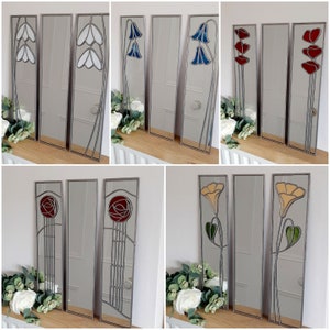 Catfish Glass Trio 10x40cms Rennie Mackintosh Inspired Stained Glass Effect mirrors with simple Central Panel