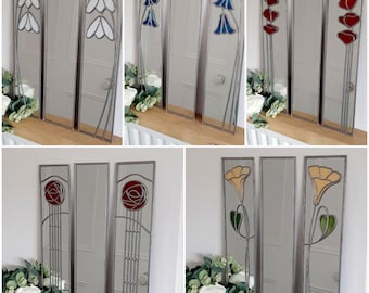 Catfish Glass Trio 15.5 x 61cms Rennie Mackintosh Inspired Stained Glass Effect mirrors with simple Central Panel