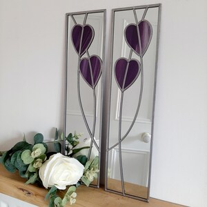 Opposite pair Hearts Rennie Mackintosh style stained glass effect Art Nouveau mirror handmade gift 10x40 image 7