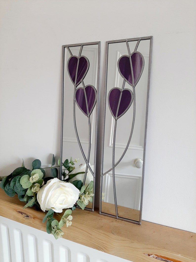 Opposite pair Hearts Rennie Mackintosh style stained glass effect Art Nouveau mirror handmade gift 10x40 image 7
