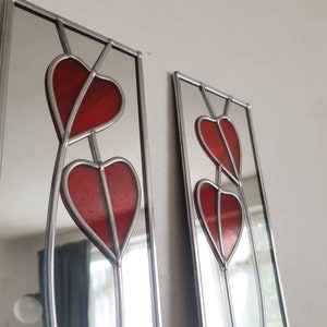 Opposite pair Hearts Rennie Mackintosh style stained glass effect Art Nouveau mirror handmade gift 10x40 image 2