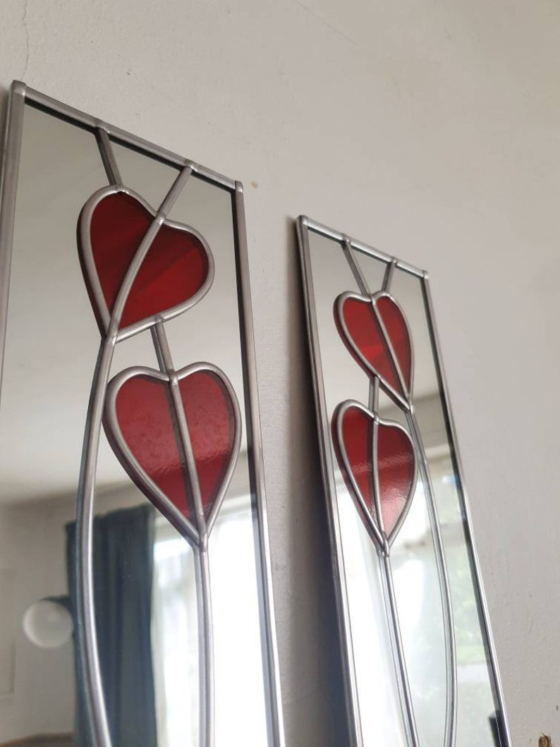 Opposite pair Hearts Rennie Mackintosh style stained glass effect Art Nouveau mirror handmade gift 10x40 image 2