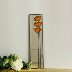 Poppy 3 in orange  Mackintosh style stained glass effect mirror handmade gift Catfish Glass Art Nouveau 10x40cm