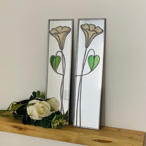 Opposite pair Trumpets Rennie Mackintosh style stained glass effect mirror handmade gift 10x40cm