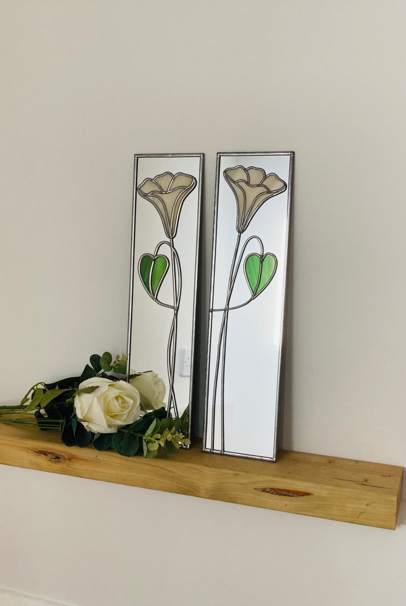 Opposite pair Trumpets Rennie Mackintosh style stained glass effect mirror handmade gift 10x40cm image 1