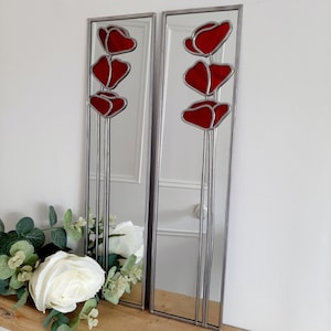 Opposite pair Poppy 3 in red Rennie Mackintosh style stained glass effect mirror handmade gift  40x10cms