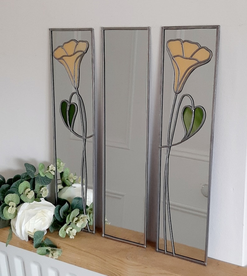 Opposite pair Trumpets Rennie Mackintosh style stained glass effect mirror handmade gift 10x40cm image 8